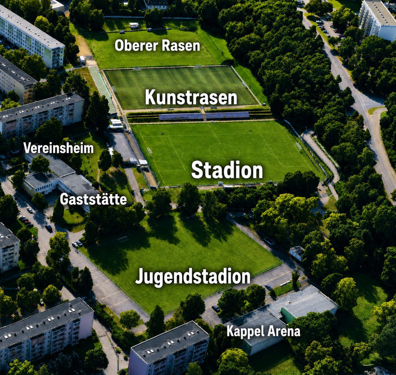 Luftbild der Sportanlage an der Irkutsker Straße mit Stadion, Kunstrasen, Oberem Rasen, Jugendstadion, Vereinsheim und Gaststätte