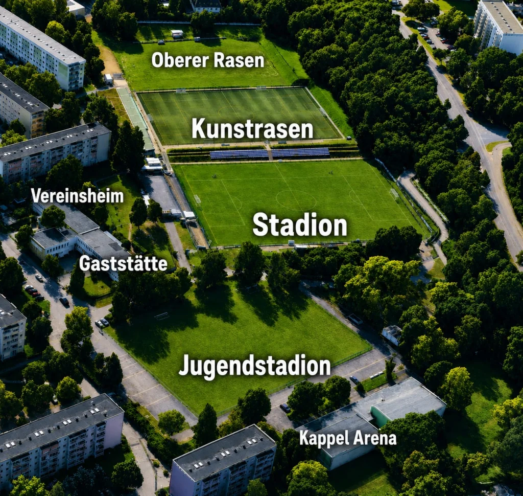 Luftbild der Sportanlage mit Beschriftung von Stadion, Kunstrasen, Oberem Rasen, Jugendstadion, Vereinsheim und Gaststätte